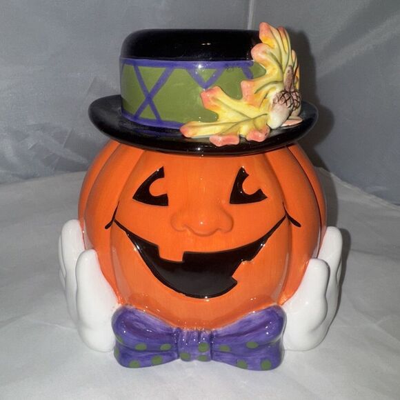 FITZ AND FLOYD Derby Pumpkin With Hat HALLOWEEN Lidded Ceramic‎ - Picture 1 of 8